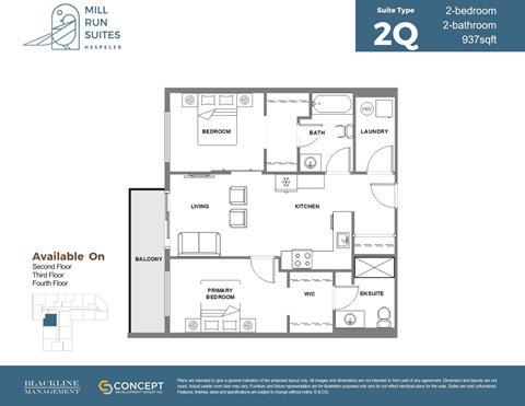 Floor plan for 2 beds, 2 baths, 937 sqft